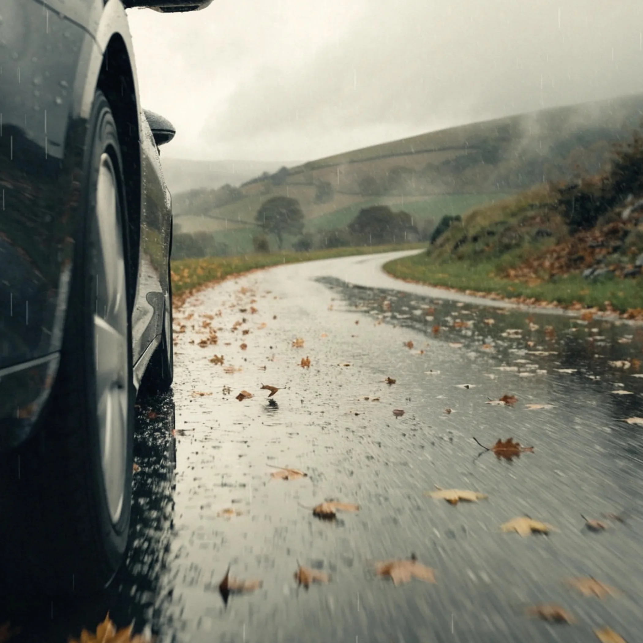 vehicle on wet road with rain